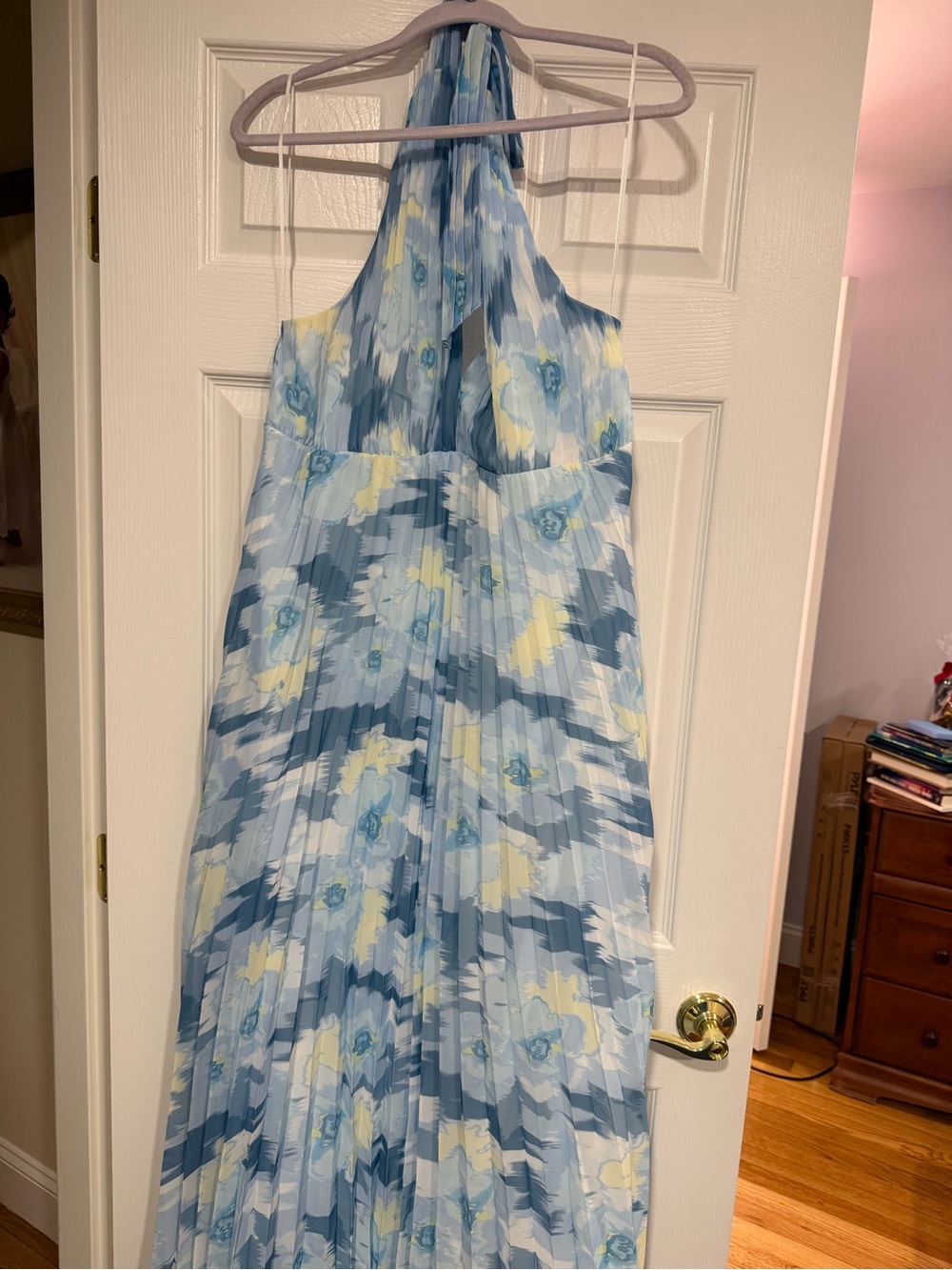 Light Blue Floral Pleated Halter Dress